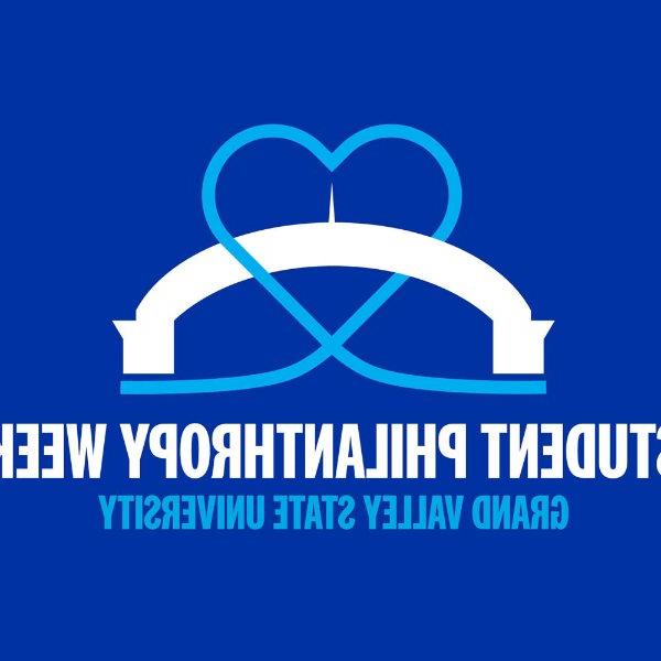 GVSU学生慈善周的图片显示蓝色背景上的白色拱门，拱门周围是浅蓝色的心