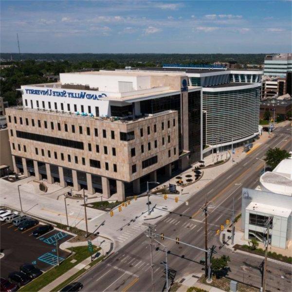 drone photo showing DeVos Center for Interprofessional Health on Michigan Avenue